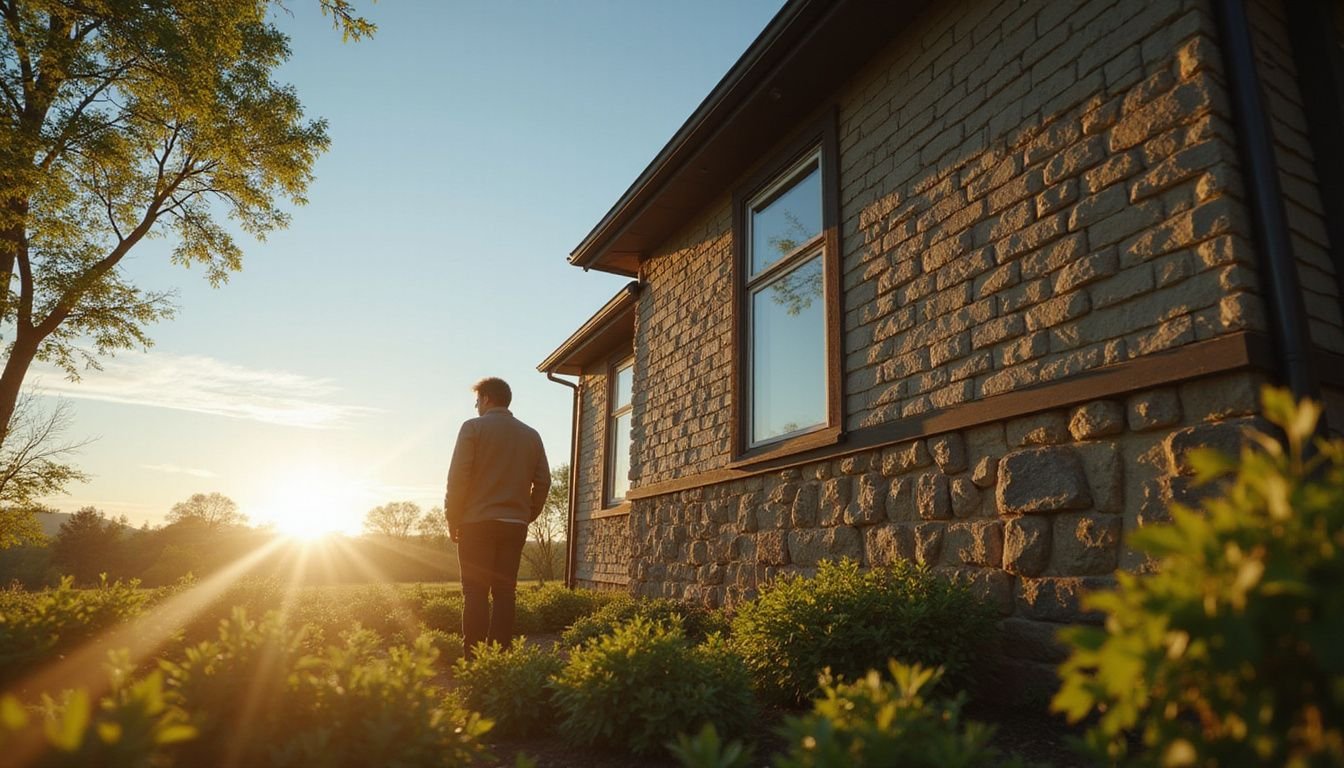 A charming residential home with a figure in soft focus, reflecting thoughtfully against a vibrant blue sky.