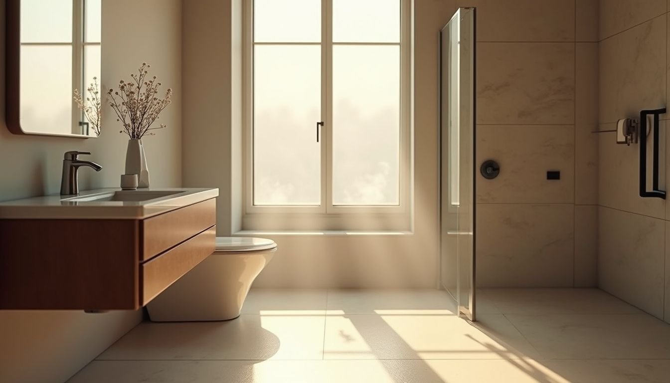 A modern bathroom features a sleek vanity, contemporary toilet, and a spacious walk-in shower, exuding tranquility and sophistication.