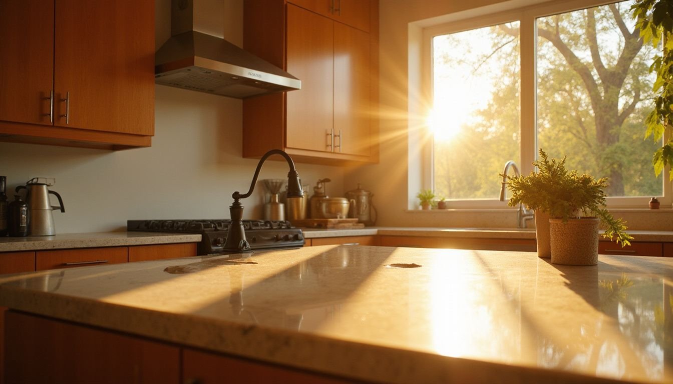 A stylish kitchen features sleek quartz countertops, modern appliances, and elegant black fixtures, creating a fresh and inviting atmosphere.