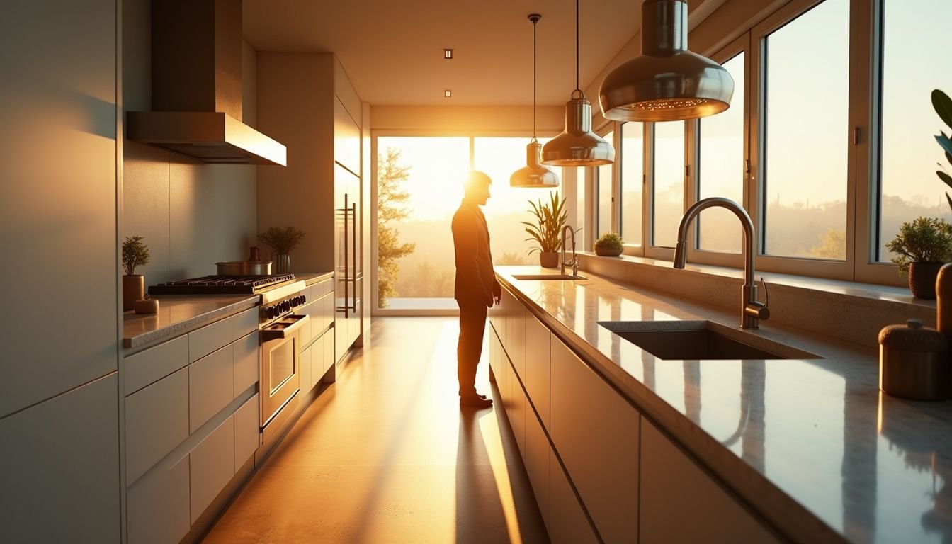 A modern kitchen with sleek appliances and minimalist design features a lone figure lost in thought by the island.