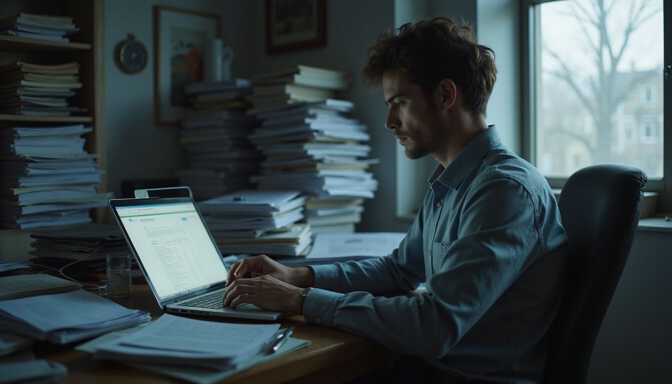 A determined real estate agent focuses on a blank spreadsheet amidst a cluttered desk and overwhelming paperwork.