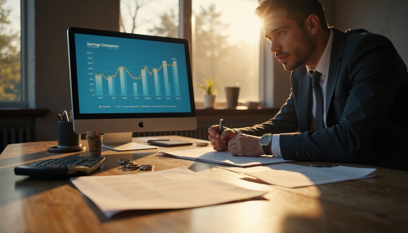A modern real estate office showcases a determined individual reviewing a savings comparison chart amid contracts and keys.