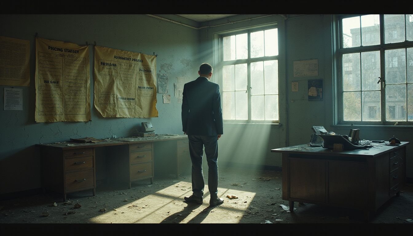 A deserted real estate office contrasts outdated charts with an abandoned futuristic tool, depicting neglect and lost ambition.