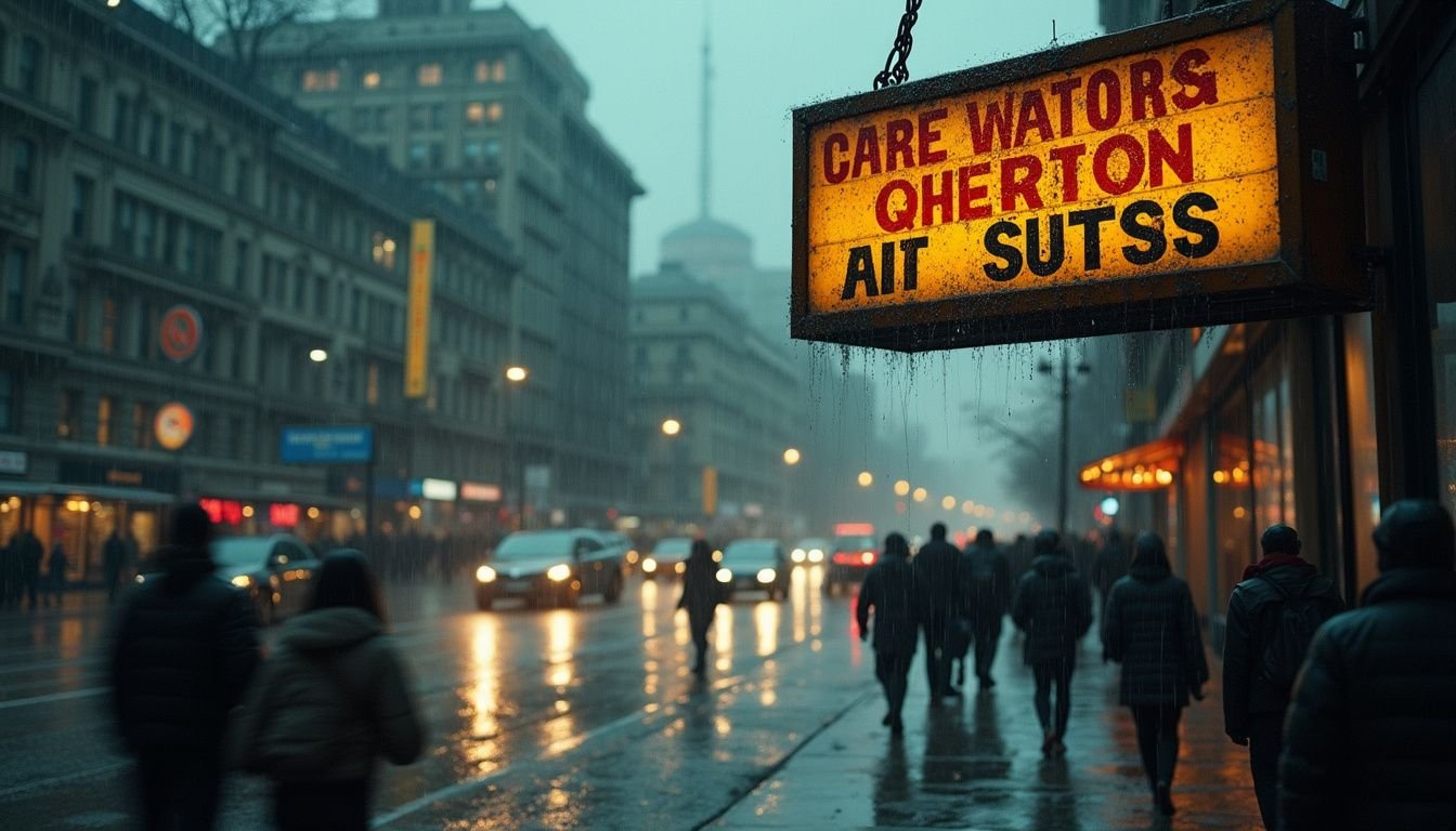 A bustling city street showcases a vibrant real estate sign amidst crowds and rain-soaked pavement, creating a tense atmosphere.