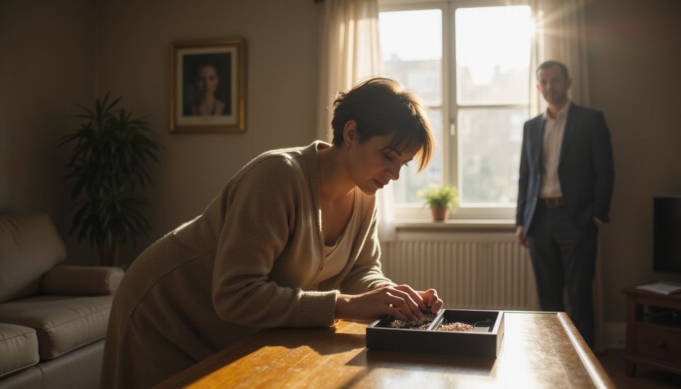 A middle-aged home seller delicately places jewelry into a lockbox while a vigilant real estate agent observes nearby.