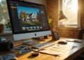 A desktop computer on a wooden desk displays real estate photos editing software; the desk holds a camera, keyboard, mouse, lamp, and scattered papers in a sunlit room. sellers cost Explain