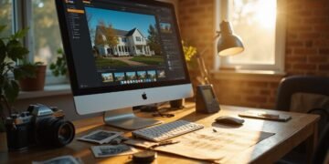 A desktop computer on a wooden desk displays real estate photos editing software; the desk holds a camera, keyboard, mouse, lamp, and scattered papers in a sunlit room. sellers cost Explain