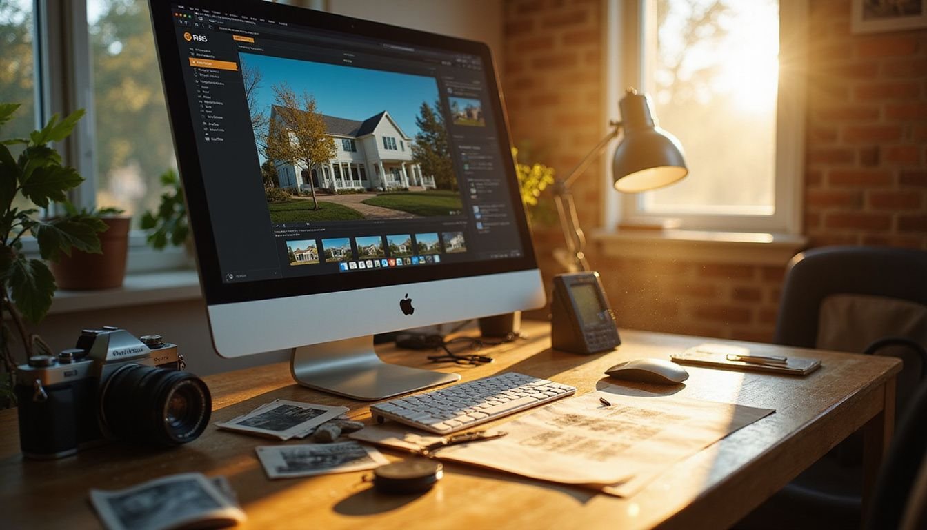 A well-organized home office features a computer screen displaying a real estate website alongside vintage camera gear and photos.
