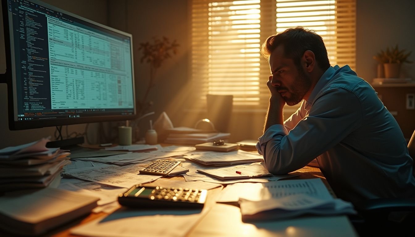 A stressed man grapples with a complex real estate pricing spreadsheet amid a chaotic office desk.