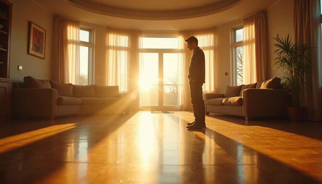 A person stands in a serene living room, lost in deep reflection amidst a tranquil, elegant atmosphere.