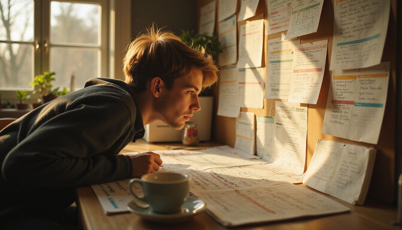 A focused individual analyzes a detailed timeline in a cluttered home office, surrounded by notes and a steaming cup of coffee.