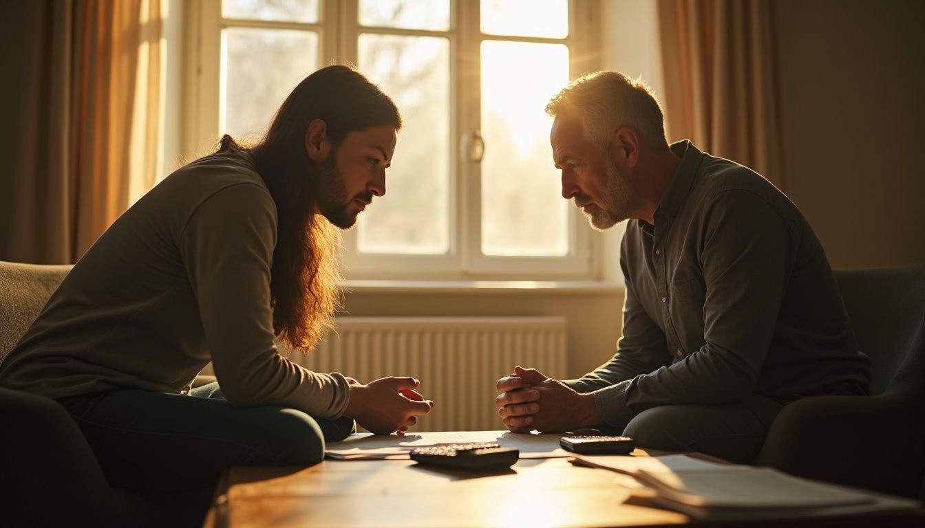 A tense negotiation unfolds between a homeowner and a real estate agent in a cozy living room filled with paperwork.