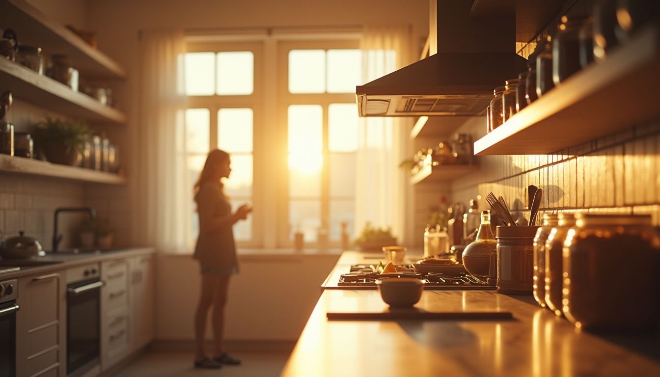 A serene kitchen showcases modern appliances and organized jars, with a figure in quiet reflection.