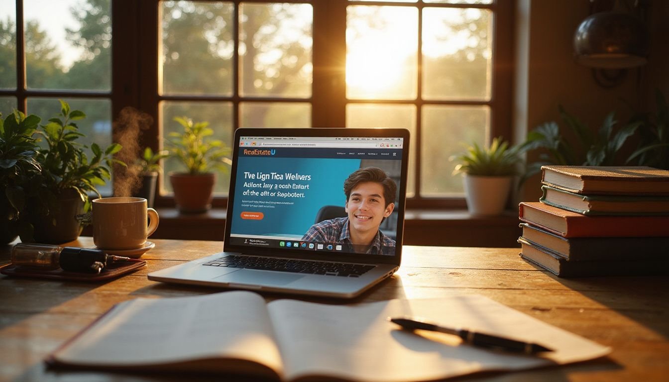 A focused student studies real estate at a wooden desk surrounded by textbooks, a coffee mug, and a marked calendar. A focused student studies real estate at a wooden desk surrounded by textbooks, a coffee mug, and a marked calendar.