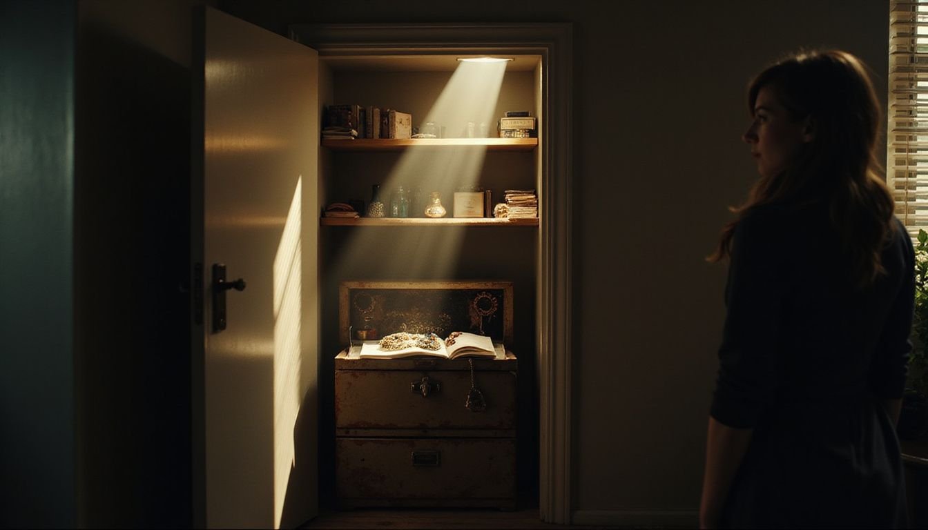 A figure stands near a half-open closet revealing a hidden lockbox filled with valuable items and secrets.