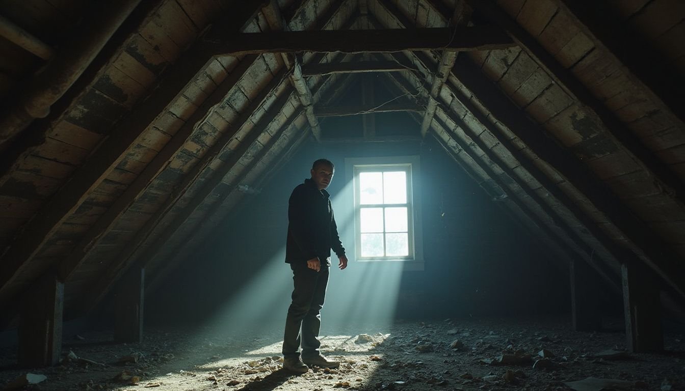 A weary man stands in a shadowy attic, contemplating the decay and fragility of time.