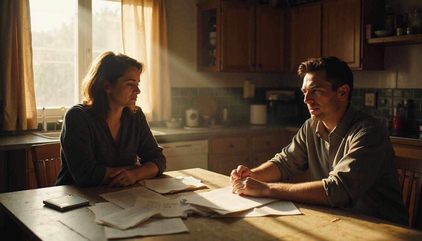 A couple contemplates important paperwork at their kitchen table, reflecting tension and determination over impending seller closing costs.