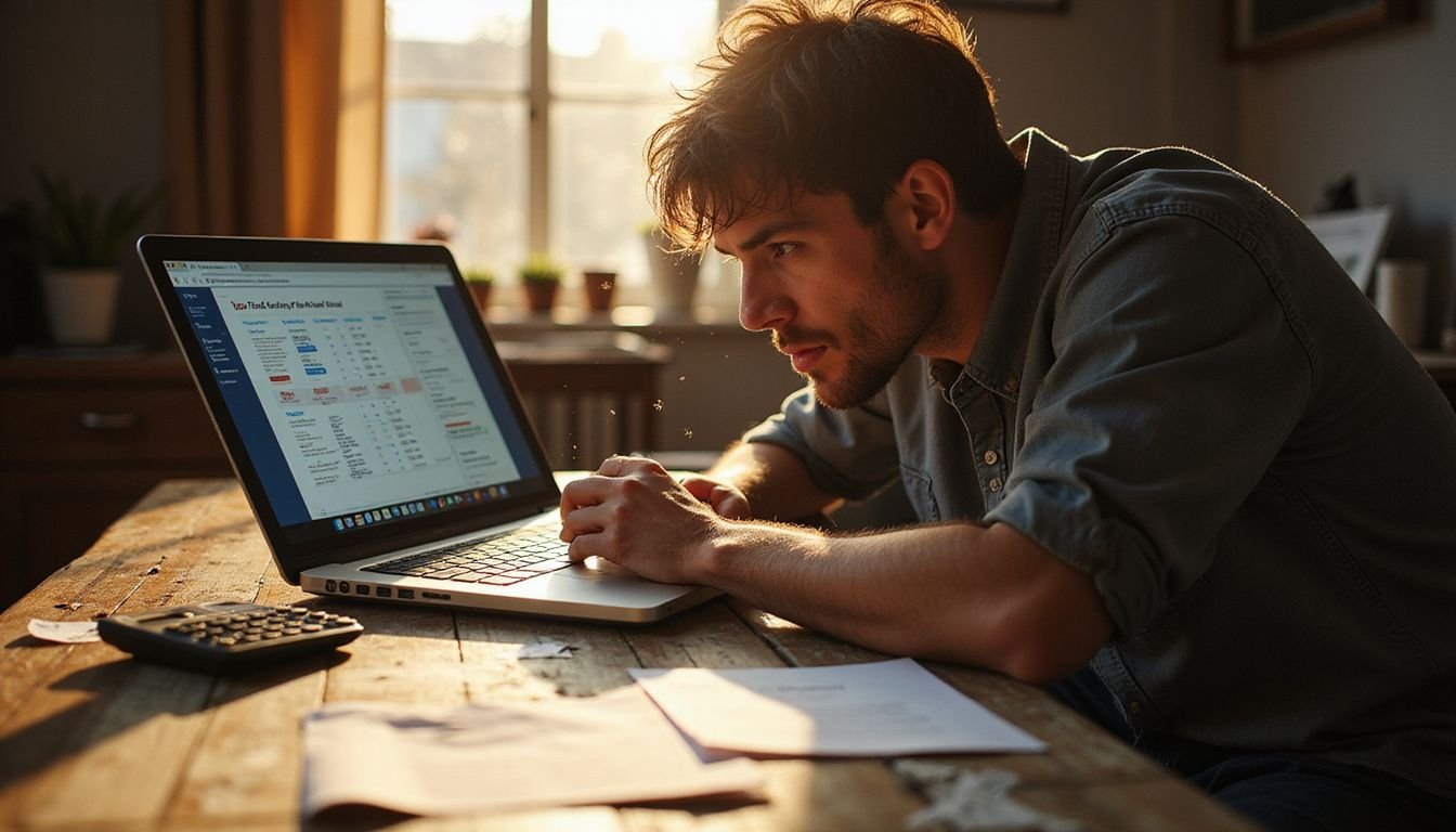 A focused individual in their 30s analyzes service quotes on a cluttered desk, surrounded by scattered papers and a calculator.