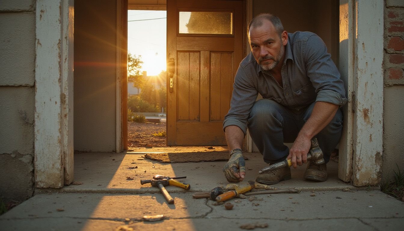 A construction worker installs a new steel door at a weathered suburban home, surrounded by scattered tools and signs of transformation.