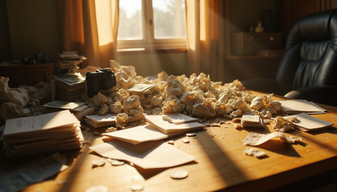 A cluttered home office desk overflows with papers and receipts, reflecting chaos and missed financial opportunities.