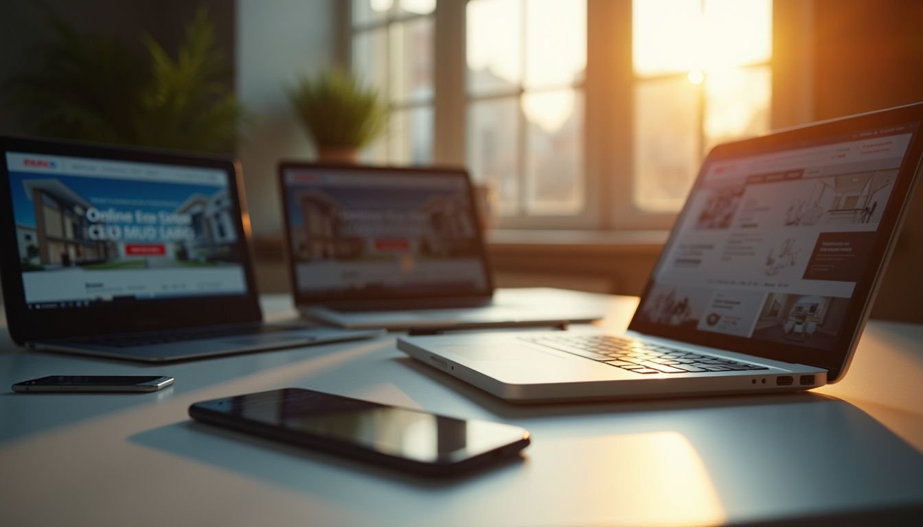 A collection of electronic devices displays online real estate school websites on a clean, minimalist workspace, evoking determination. A collection of electronic devices displays online real estate school websites on a clean, minimalist workspace, evoking determination.