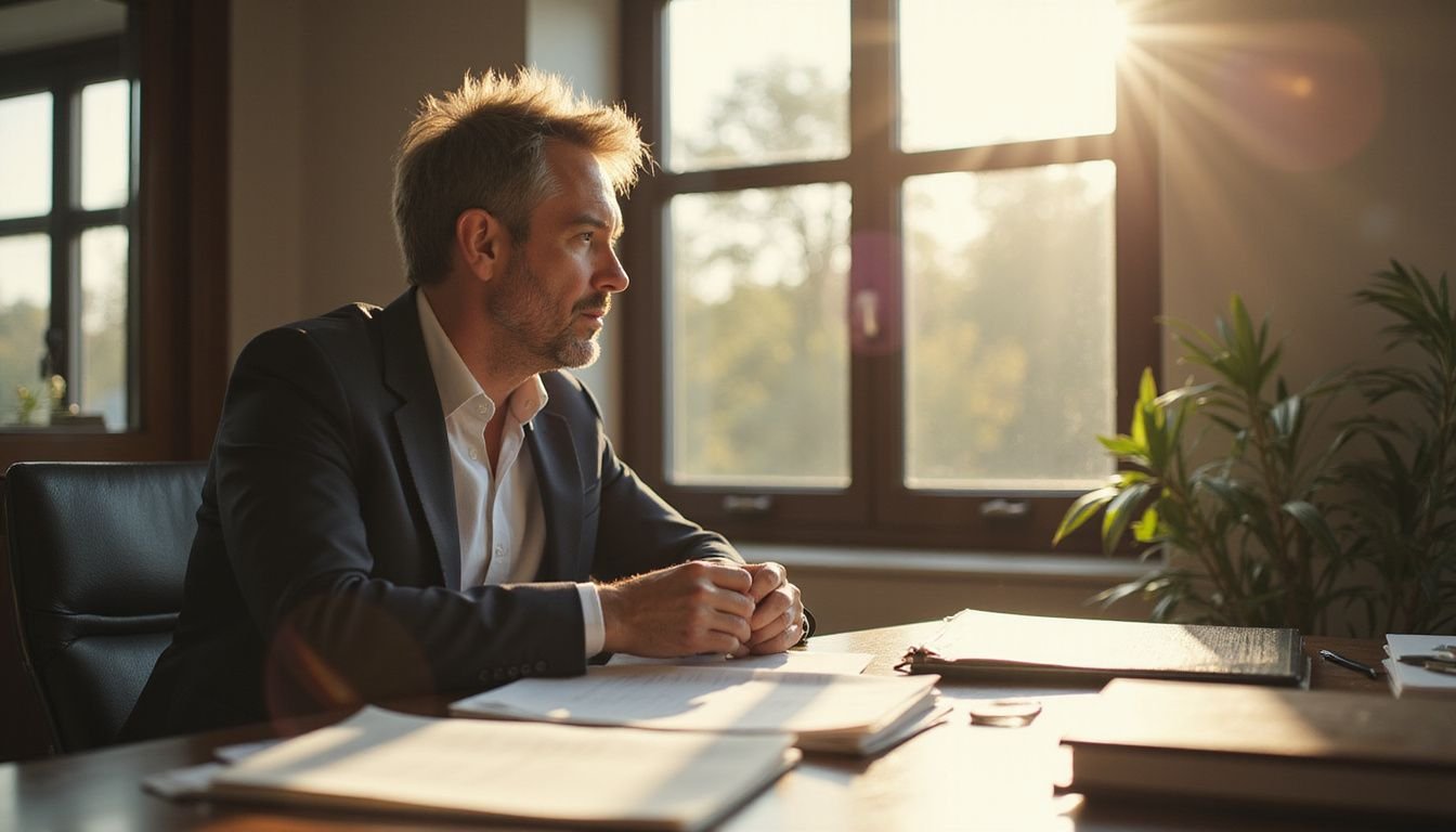 A middle-aged individual in business casual attire engages in a serious conversation about the 1031 exchange process at a modern desk.