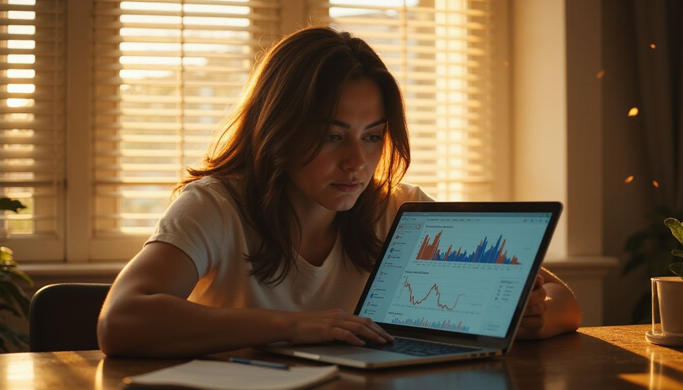 A determined woman intently studies dynamic graphs on her laptop in a modern home office, embodying focused ambition.