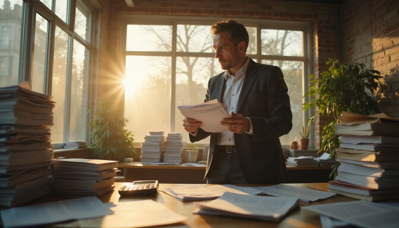 A determined real estate agent stands amidst a chaotic office, symbolizing relentless dedication and professional focus.