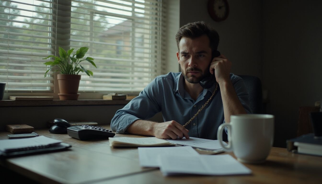 A frustrated home buyer anxiously discusses contracts with a real estate agent amid a cluttered, paperwork-laden desk.