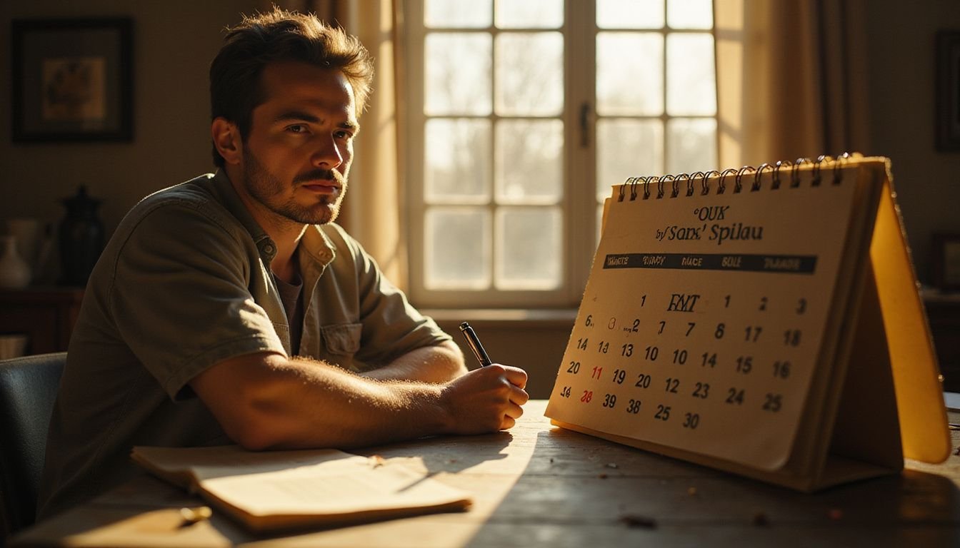 A contemplative individual sits at a desk, weighing decisions marked in an open calendar on a significant day post-sale.