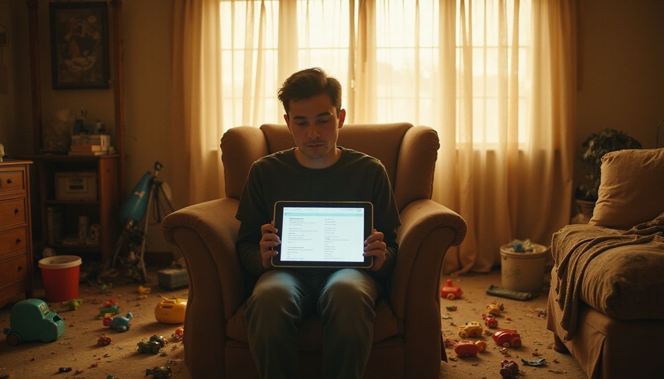 A person contemplates a cleaning checklist on a tablet amidst a cluttered living room filled with scattered toys.