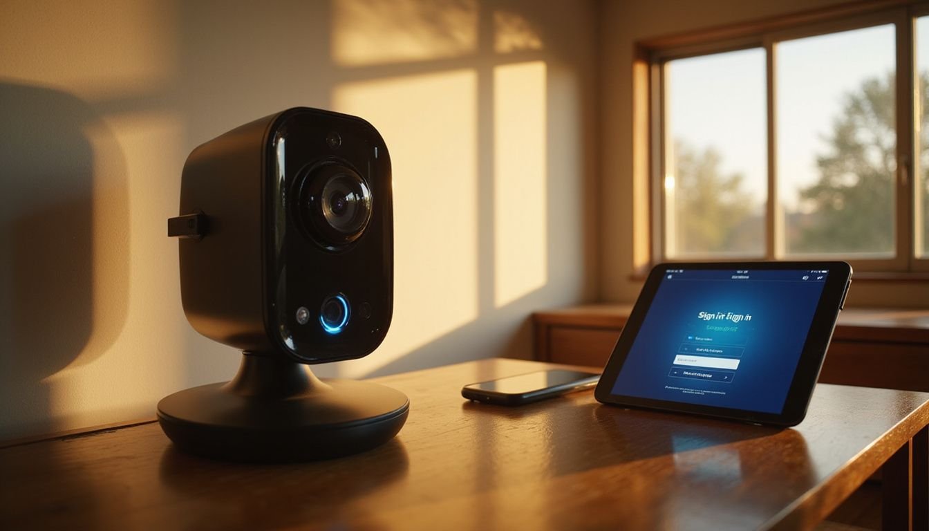 A sleek security camera and tablet sit on a wooden shelf, blending modern technology with a cozy living room ambiance.