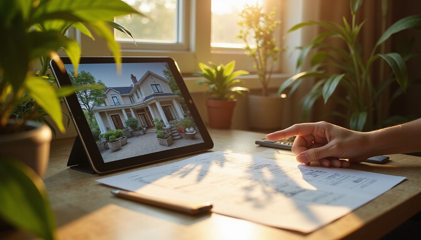 A sleek digital tablet displays a vibrant home staging plan on a minimalist desk surrounded by lush green plants.