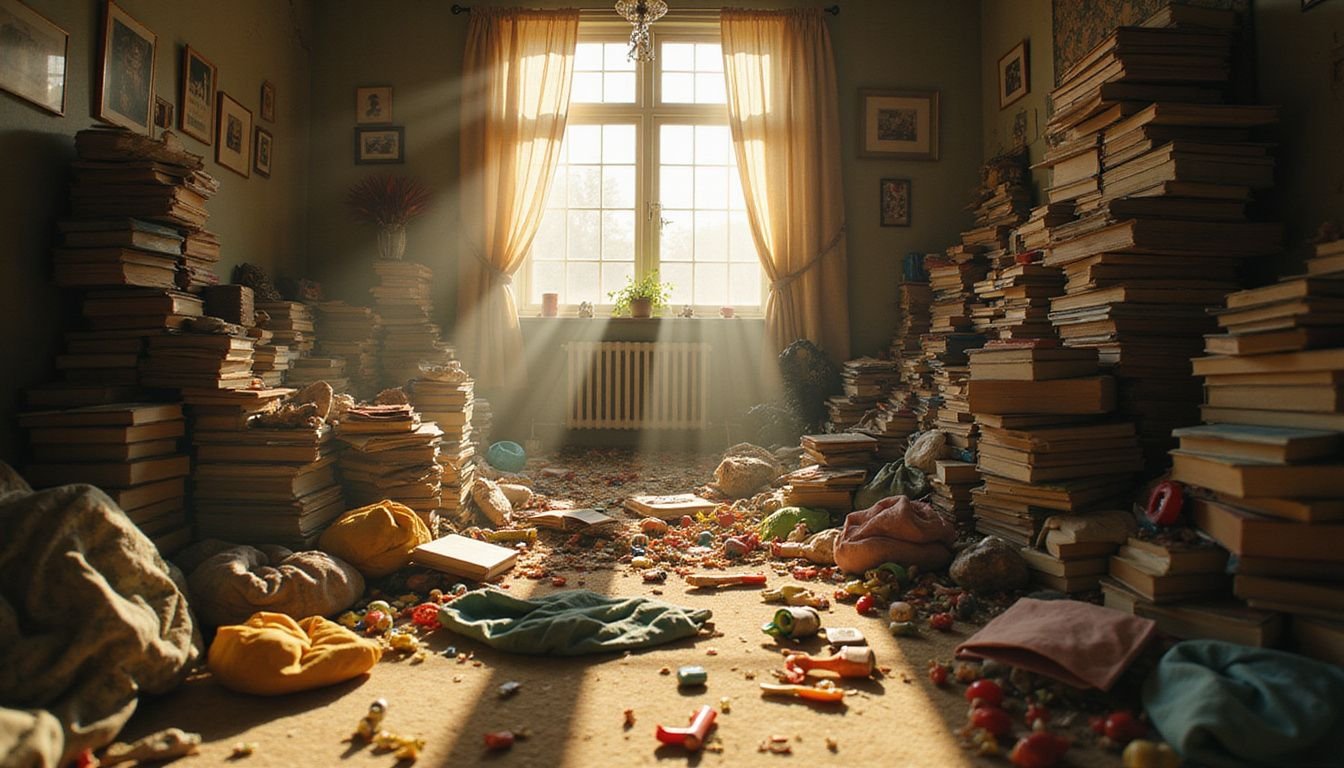 A chaotic living room filled with scattered books, toys, and clothes evokes nostalgia and the promise of future order.