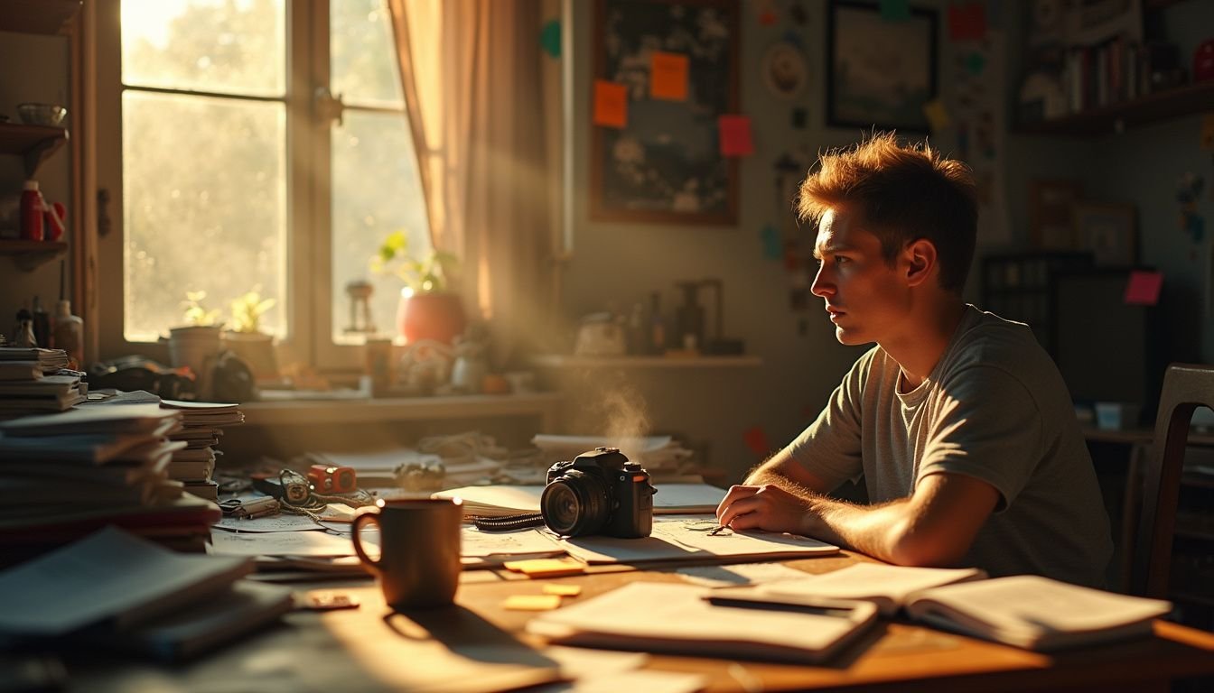 A determined homeowner works at a cluttered desk surrounded by papers, personal mementos, and creative ideas.