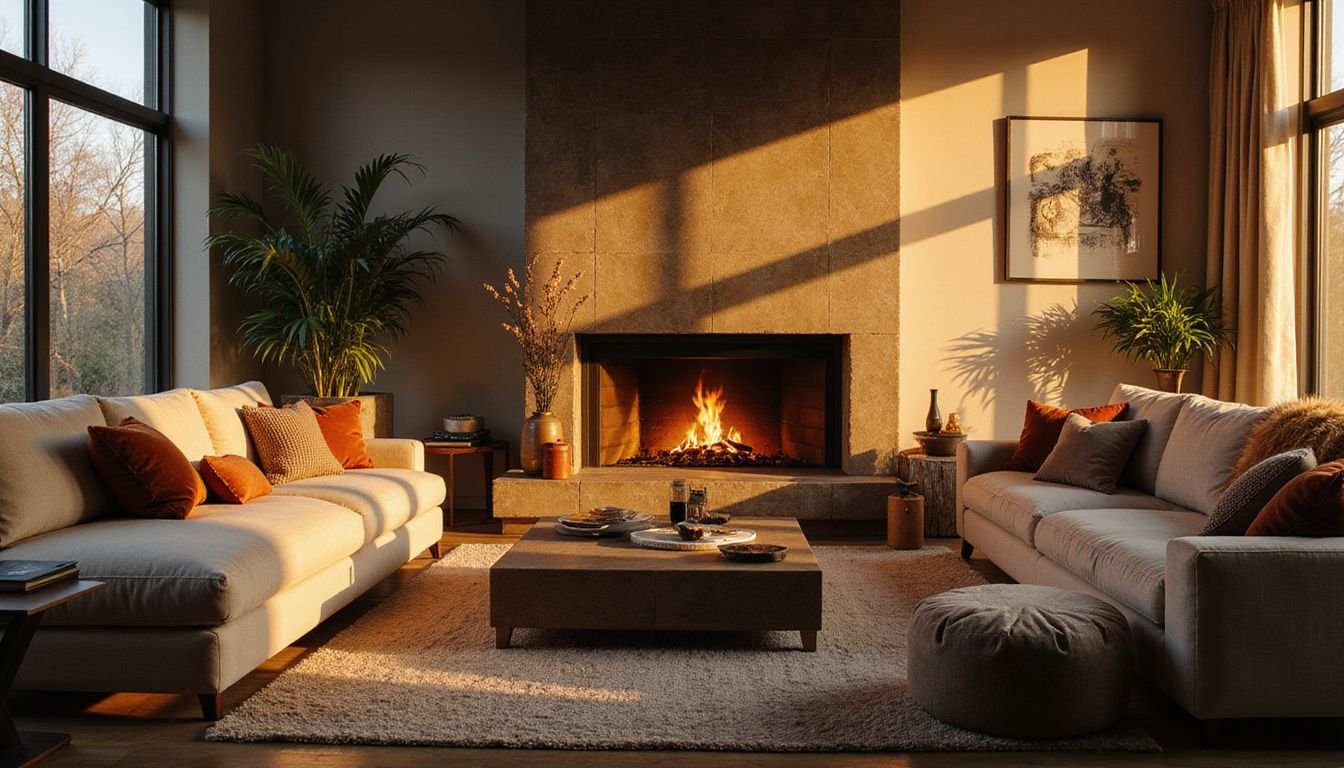 A modern living room exudes warmth and style, featuring elegant decor and a cozy fireplace.