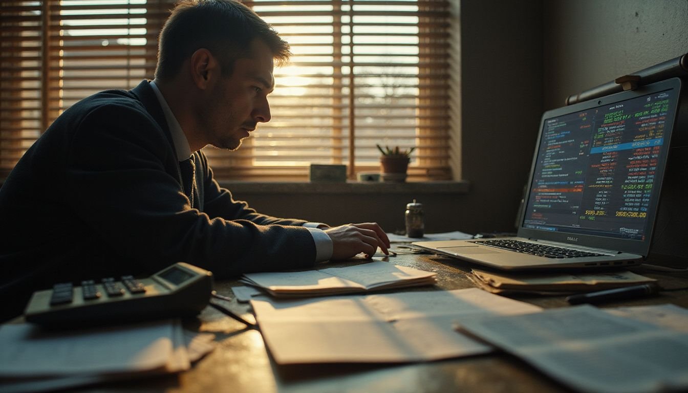 A person intensely scrutinizes a laptop displaying complex financial data amid a cluttered office filled with paperwork.