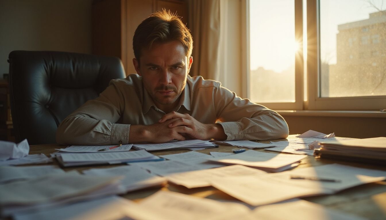 A middle-aged investor appears tense and overwhelmed by financial documents on a cluttered desk in their private office.