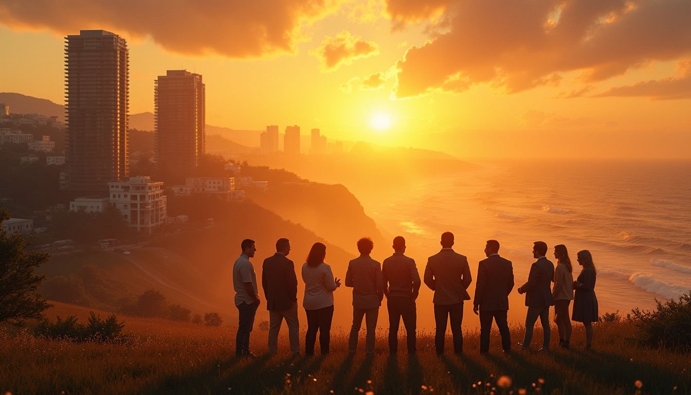 A panoramic view showcases diverse real estate, featuring commercial buildings, agricultural fields, and coastal vacation rentals, with engaged figures in the foreground.