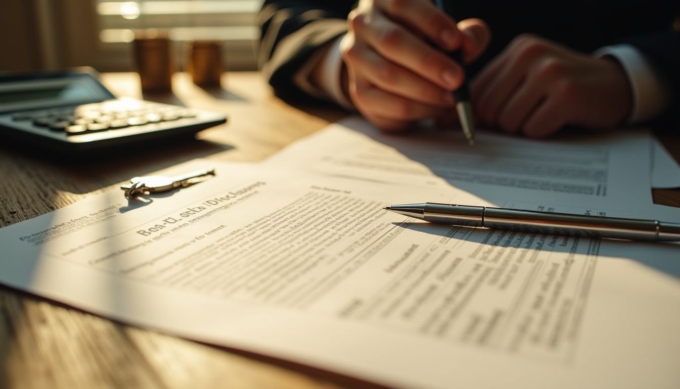 A real estate closing disclosure document rests on a rustic table, accompanied by keys, a pen, and a calculator.