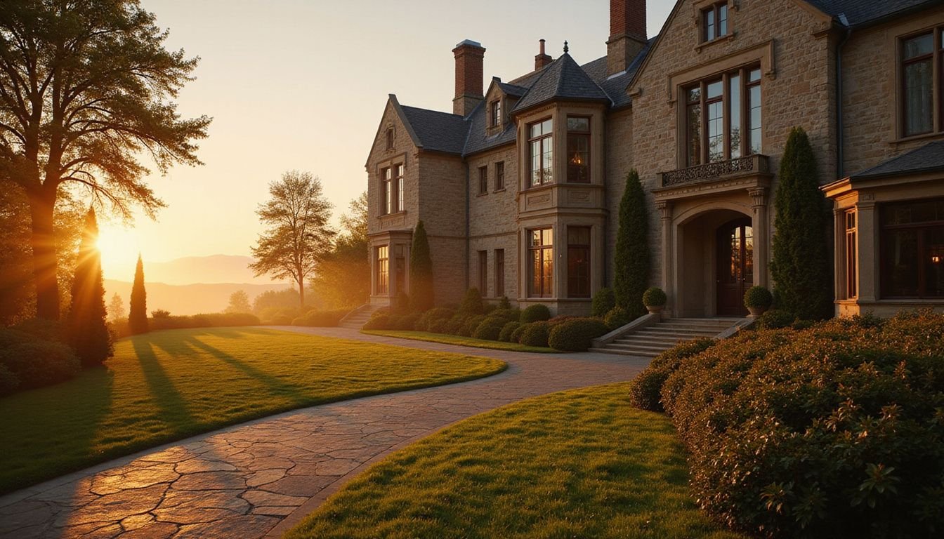 A luxurious estate showcases bold architecture and opulent details amidst manicured gardens, evoking a sense of grandeur and sophistication.