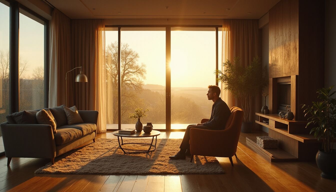 A thoughtfully seated figure in an elegantly designed living room exudes calm and introspection amidst refined comfort.