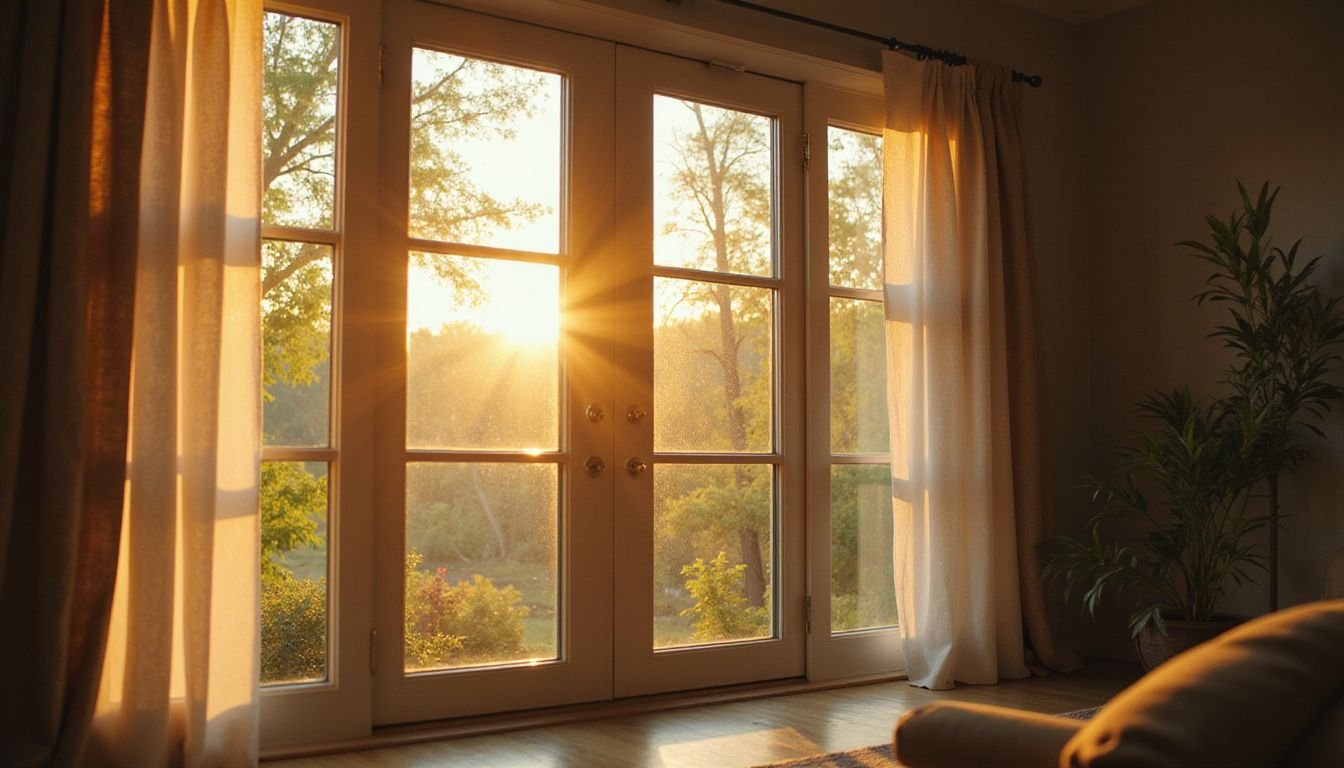 The image features a sleek vinyl window, highlighting its modern design amidst vintage elements in a cozy living room.