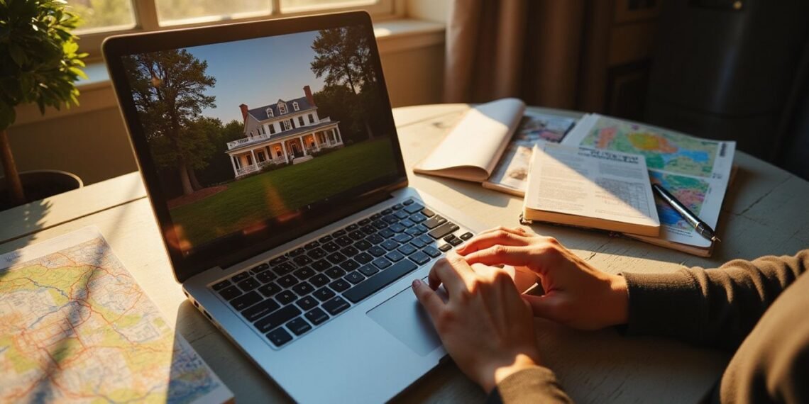 A person uses a laptop displaying a large house and a 60-day checklist, with maps and notebooks on the desk, in a sunlit room by a window&mdash;preparing to get their house ready to sell.