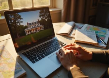 A person uses a laptop displaying a large house and a 60-day checklist, with maps and notebooks on the desk, in a sunlit room by a window—preparing to get their house ready to sell.