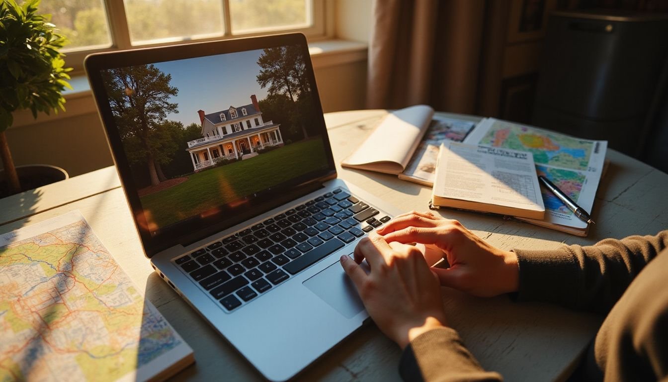 A close-up of a laptop displaying a luxury home listing, surrounded by notebooks and real estate materials.