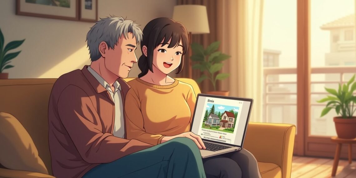An older man and a young woman sit on a living room couch, looking at a house listing on a laptop together. Sunlight streams in from a window behind them.