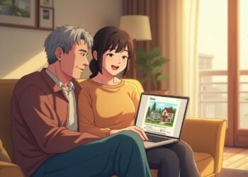 An older man and a young woman sit on a living room couch, looking at a house listing on a laptop together. Sunlight streams in from a window behind them.