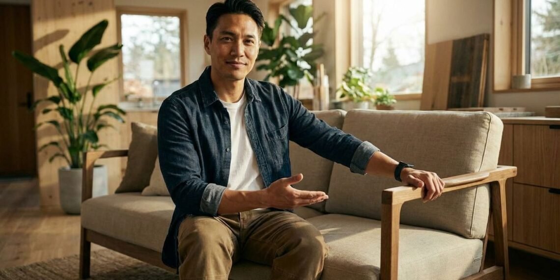 A man sits on a beige sofa in a sunlit living room, gesturing with one hand. The room has wooden furniture, large windows, and green plants.