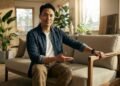 A man sits on a beige sofa in a sunlit living room, gesturing with one hand. The room has wooden furniture, large windows, and green plants.
